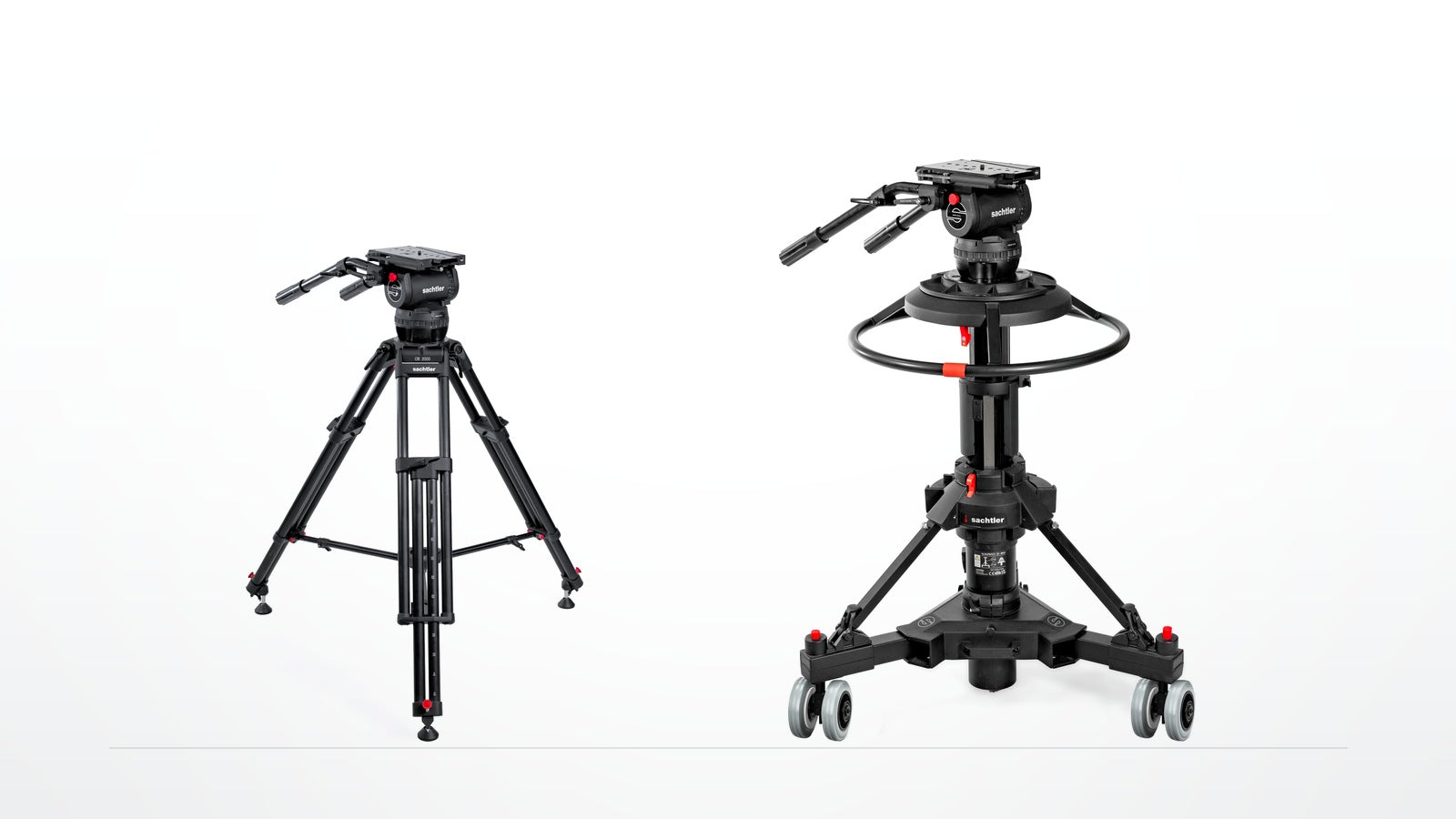 Sachtler System Video 60 OB 2000 tripod system beside a System Video 60 Vario 2-80 OB pedestal system