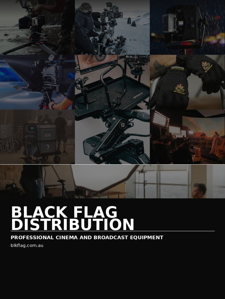 Promotional collage for Black Flag Distribution featuring multiple photos of film and broadcast equipment, including cameras, lighting gear, and a black jacket with a visible Black Flag logo, over a black lower section with the text 'BLACK FLAG DISTRIBUTION' and 'PROFESSIONAL CINEMA AND BROADCAST EQUIPMENT'.