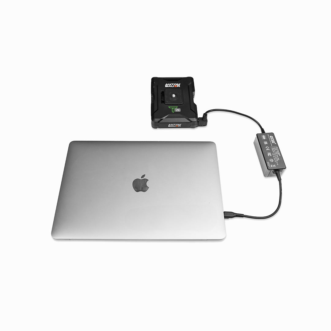 Anton Bauer P-Tap to USB-C PD 100W Adapter connecting MacBook