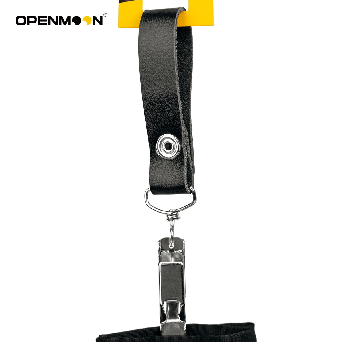 OpenMoon leather glove clip open, showing the strap