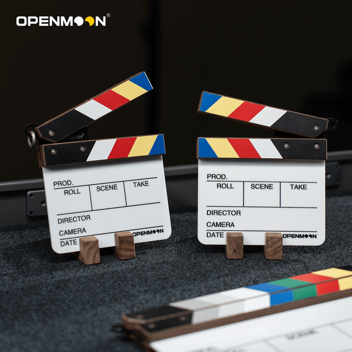 OpenMoon walnut film clapperboard slate detail