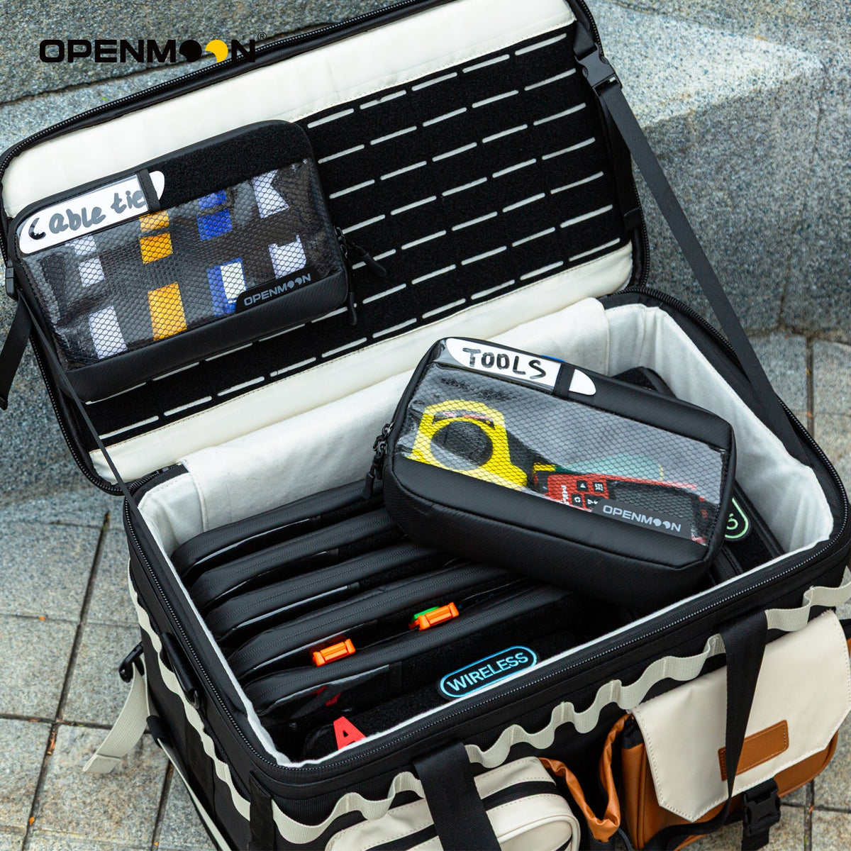 OpenMoon translucent storage pouch packed with cables and small gear