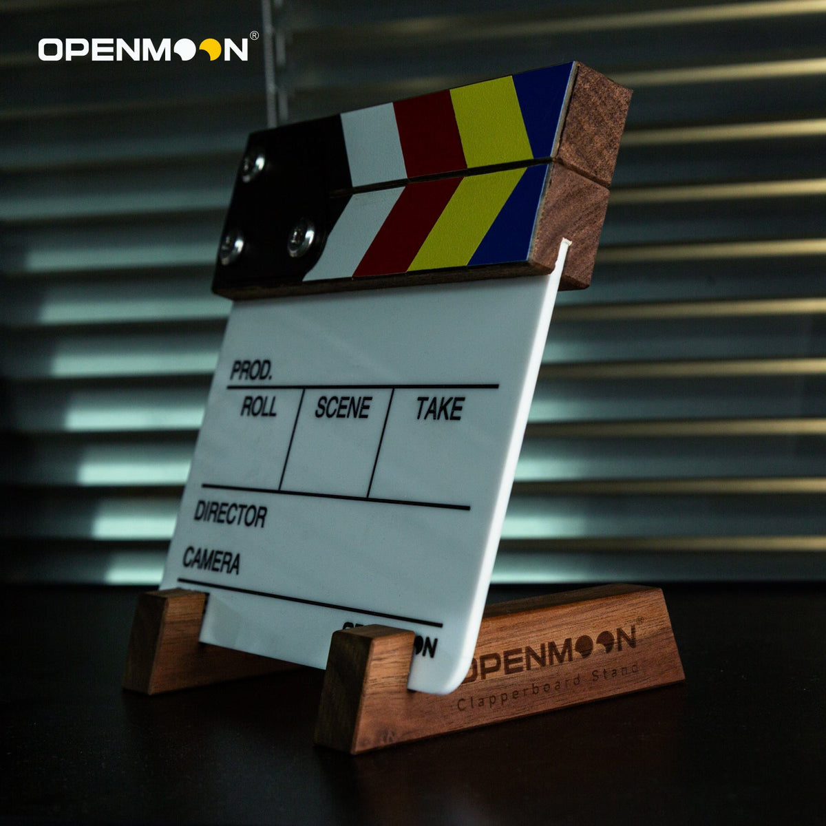 OpenMoon clapperboard stand in use on a desk