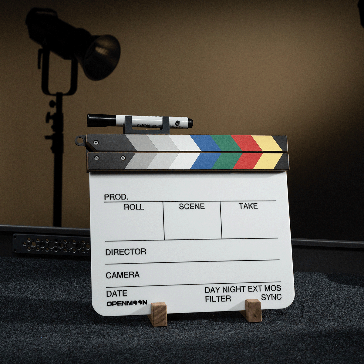 OpenMoon clapperboard pen holder kit shown in colour options
