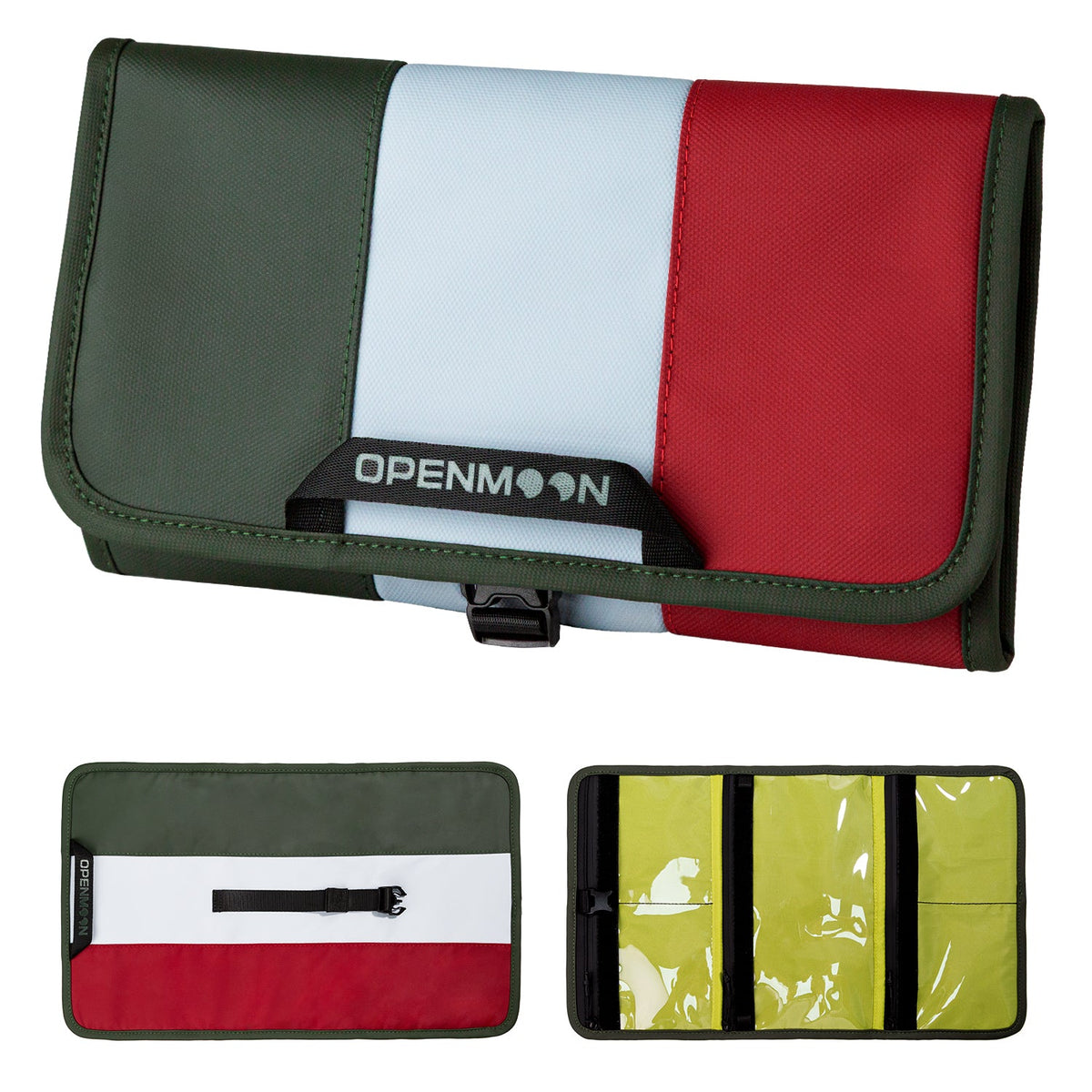 OpenMoon folding storage bag in the Green + Gray + Red colourway