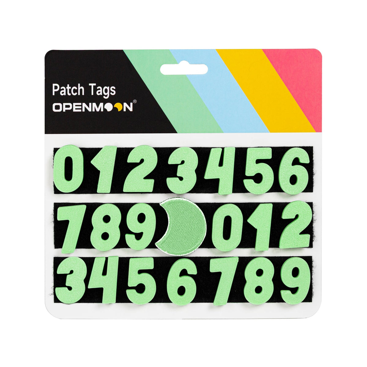 OpenMoon hook-and-loop number tags in fluorescent green (OCT04)