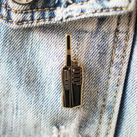 Walkie Talkie Enamel Pin on a jacket