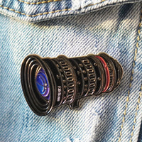 Cine Zoom Lens Enamel Pin on a jacket